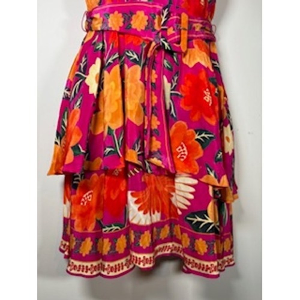 Farm Rio Mini Dress Pink Flowers Tapestry Ruffle Belted XS Tropical Boho NWT - Picture 3 of 10